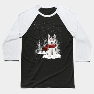 Christmas Husky With Scarf In Winter Forest Baseball T-Shirt